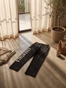 Fear Of God Essentials FW24 Black Straight‑Leg Fleece Sweatpants, Oversized Relaxed Fit Drawstring Trousers For Daily Street Outfit, Casual Hangout - Black - View 7