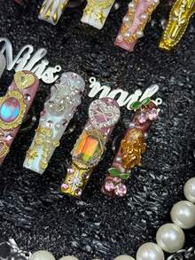 10pcs Handmade Full Cover Rectangular Nail Tips, 3D Crown Bow Angel Pendant Pearl Rhinestone Pink White Vintage False Nails, Reusable, Suitable For Party, Dancing, Daily Wear, Includes Jelly Glue And Nail File, Y2K Sweet Hot Girl Nail Art Decoration - Multicolor - View 7