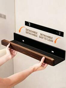 Rak Penyimpanan Dinding Kamar Mandi dari Kayu Walnut, Tidak Perlu Pengeboran, Rak Dinding Toilet & Wastafel dengan Drainase - MultiWarna - View 3