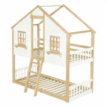 Bunk Bed, Children's Bed, Beautiful Windows And Roof, Stable Slatted Bases, Side Safety Rails, Pine + MDF + Plywood, White + Natural, 90x200cm - White+Natural - View 6