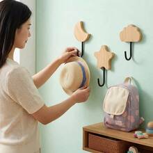 Self-Adhesive Wall Hook Set, No Drilling Required - Star-Shaped Wooden Hooks With Strong Adhesive, Suitable For Home Bathroom, Kitchen, Bedroom And Office, Multipurpose Wall-Mounted Storage Hanger For Towels, Bags, Keys, Coats, Hats & Decor - Multicolor - View 4