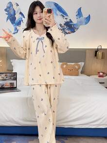 2pcs/Set Women's Autumn/Winter Pajamas, French Country Princess Style, Comfortable Breathable Loose Long Sleeve Long Pants, Spring/Autumn Floral Heart Print Loungewear Set, Fall Clothes For Women - Apricot - View 4