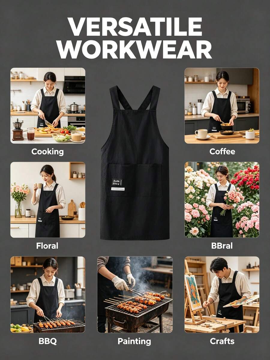 Black Waterproof Oil-Proof Cross-Back Apron, Cargo Style Style For Cooking, Baking, Kitchen Use, Unisex - Multicolor - View 1