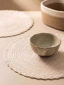 1/2/4/6/12pcs Cream White Wavy Braided Placemats, Japanese Rustic Style, Woven Material, Round Shape With Wavy Braided Edge Details, Heat-Resistant Tabletop Protection & Decorative Function, Tea Mat Suitable For Japanese Tea Room Arrangement And Quiet Home Decor Scenes - Beige - View 5