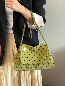 Tas Wanita Baru Motif Garis-Garis Polkadot dengan Tali Rantai, Tas Bahu Selempang, Modis dan Serbaguna untuk Perjalanan Sehari-hari dan Belanja. - Hijau - View 5