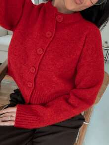 MORI 秋冬圓領長袖針織開襟毛衣，女款新款休閒寬鬆慵懶軟綿毛衣，時尚優雅極簡純色，新年必備上衣 - 紅色 - 查看 2