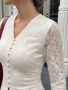 Women V-Neck Floral Lace Long Sleeve Blouse, Button Front Flare Cuff Slim Fit Split Hem Sheer Elegant Top - Apricot - View 4