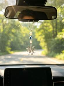 1pc Pearl Evil Eye Sun Pendant Car Rearview Mirror Hanging Decoration Car Interior Decor Accessory Vehicle Ornament - A - View 2