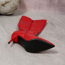 Women's Side Zipper Easy On/Off High Shaft Long Boots, Pointed Toe Stiletto Heel Glossy Slimming Versatile Textured Sexy Fashion Boots - Red - View 11