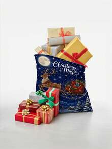 2pcs Dark Blue Christmas Magic Reindeer & Sleigh Print Gift Wrapping Bags, Holiday Style Fabric Large Rectangular With Drawstring Closure Decorative Present Bags For Christmas Gifts, Party Favors & Holiday Decor - Blue - View 8