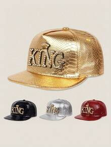 1pc Unisex KING Crown Metal Decor PU Leather Flat Brim Baseball Cap, Large Head Circumference, Street Style Party Baseball Cap, Hip Hop Hat, Halloween Costume Decor Hat, Trucker Hat - A - View 3