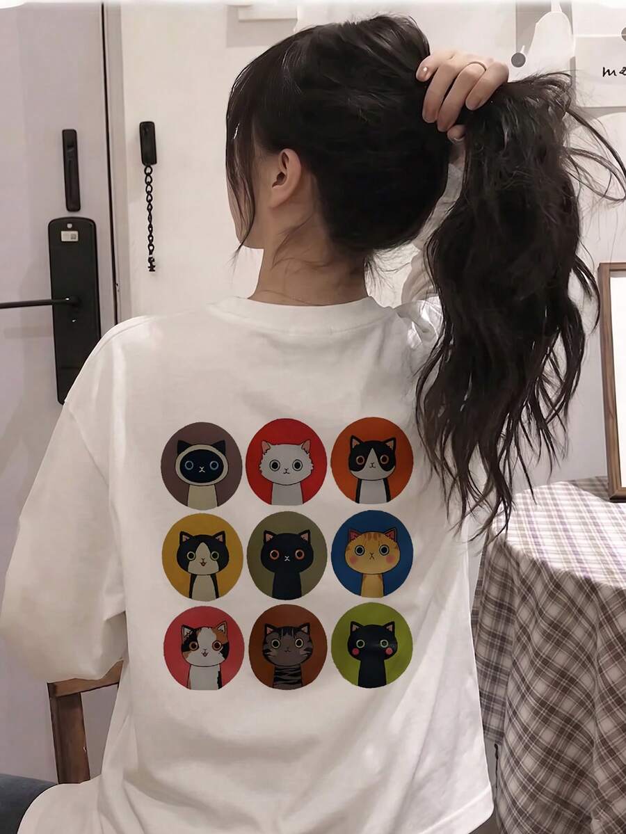 女款秋冬寬鬆極簡百搭卡通貓咪印花長袖T恤 - 白色 - 查看 1