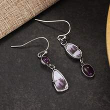 Vintage Asymmetrical Patchwork Long Earrings, Deep Purple Artistic Women's Ear Jewelry - Silver - View 8