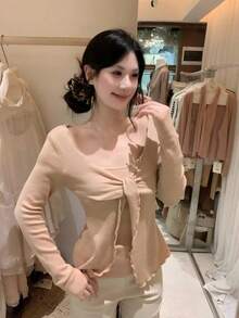 New Women's Clothing Atmospheric Design Tie-Up Frill Trim 2 In 1 Knit Sweater Autumn Top - Apricot - View 9