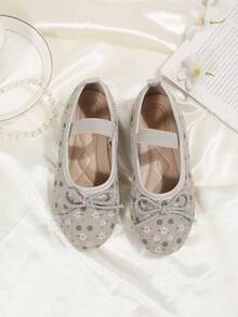 1 Pair Girls Grey Mary Jane Korean Style Ballet Polka Dot Bow Shallow Slip-On Soft Sole Driving Loafers - Grey - View 5
