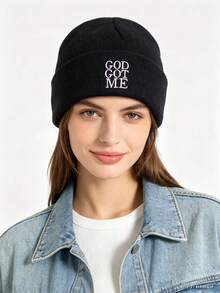1pc Women's GOD GOT ME Letter Embroidered Knit Beanie, Soft Warm Casual Hat For Autumn Winter Daily Outfits - Letter Knit Beanie - View 1