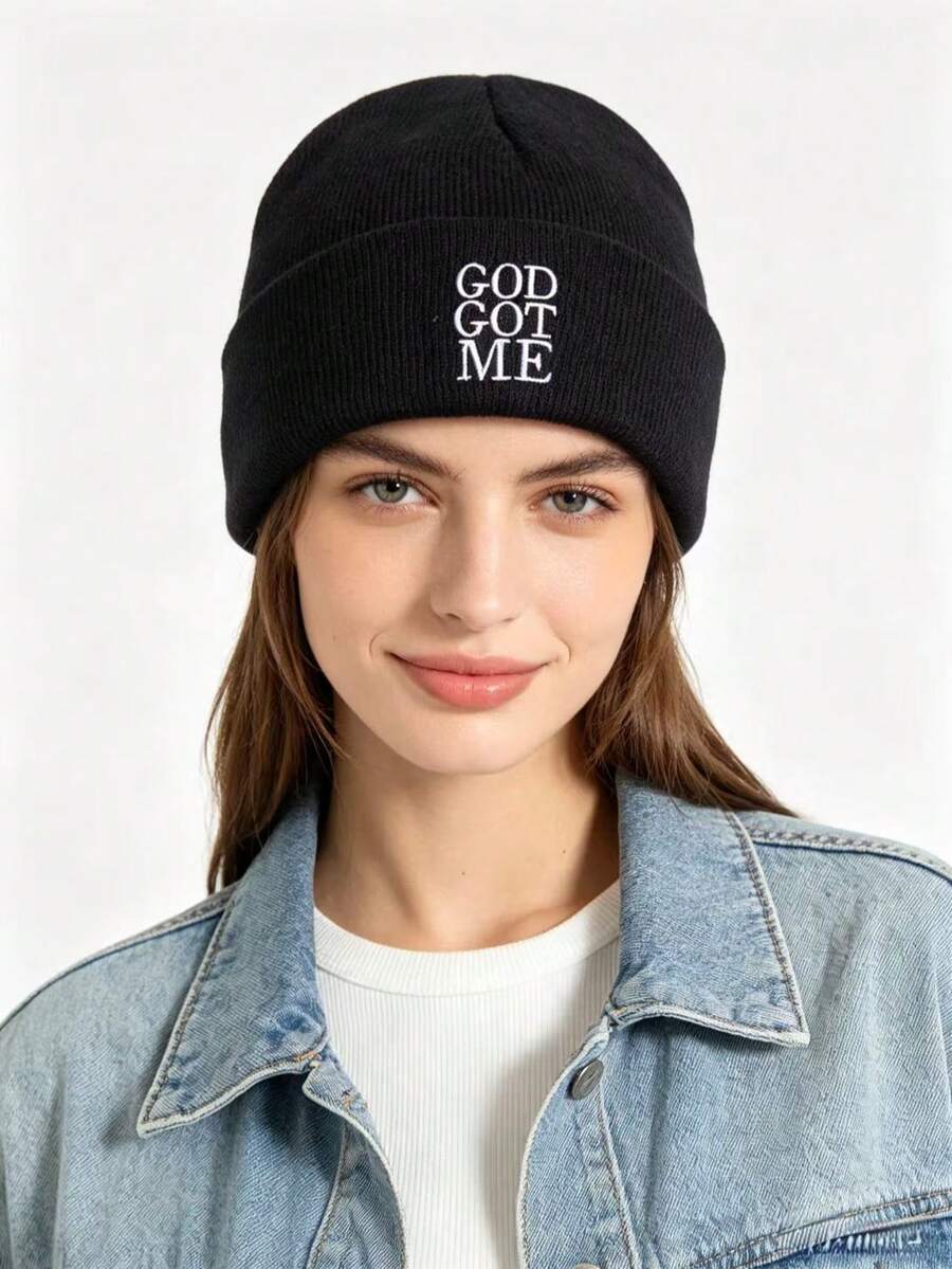 1pc Women's GOD GOT ME Letter Embroidered Knit Beanie, Soft Warm Casual Hat For Autumn Winter Daily Outfits - Letter Knit Beanie - View 1