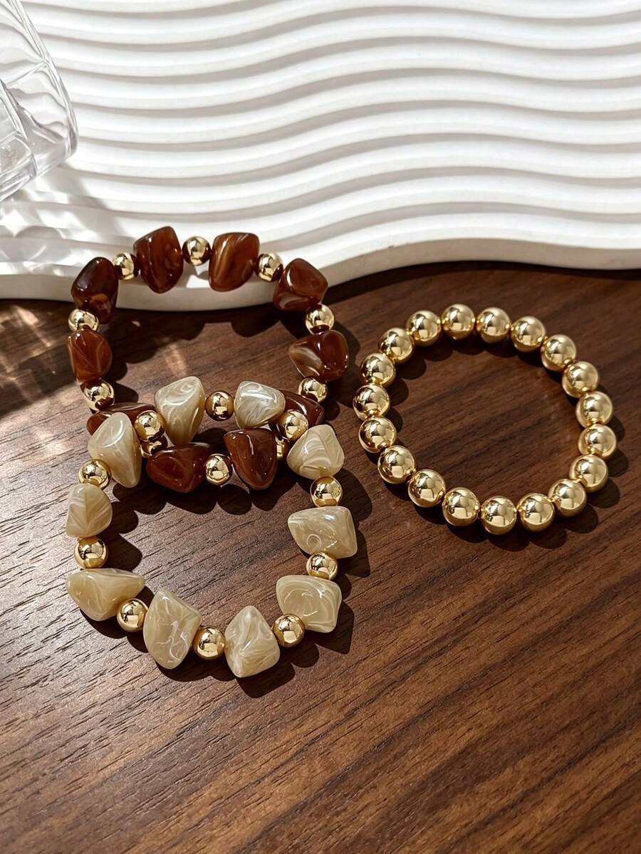 3pcs/Set Fashionable Retro Bohemian Thick Multi-Layer Acrylic Beaded Bracelet Set For Women