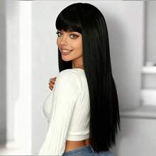 70cm Straight Hair Wig With Bangs, High Density, Natural Look, Soft And Smooth, Adjustable Cap Net, Secure Fit, Comfortable Wear, Fashionable And Elegant, Versatile, Suitable For Daily Wear, Cosplay, Christmas Costume, For All Women - Black - View 6