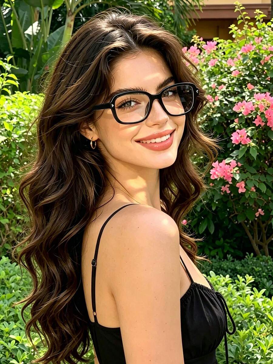 1pc European & American New Style Small Square Frame Rivet Glasses Frame, High-End Versatile Street Style Women's Non-Prescription Glasses - Black Frame White Film - View 1