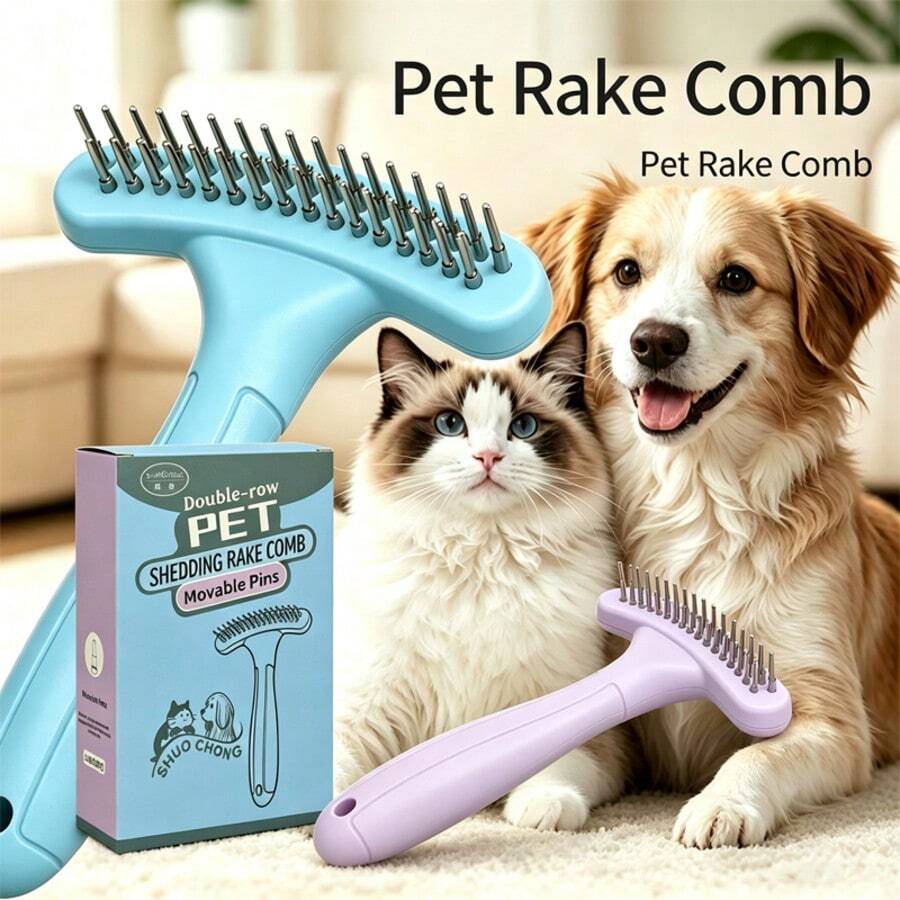 Pet Rake Comb Double‑Row Movable Pins Grooming Brush For Dogs Cats Removes Loose Undercoat Mats Tangled Hair - View 1