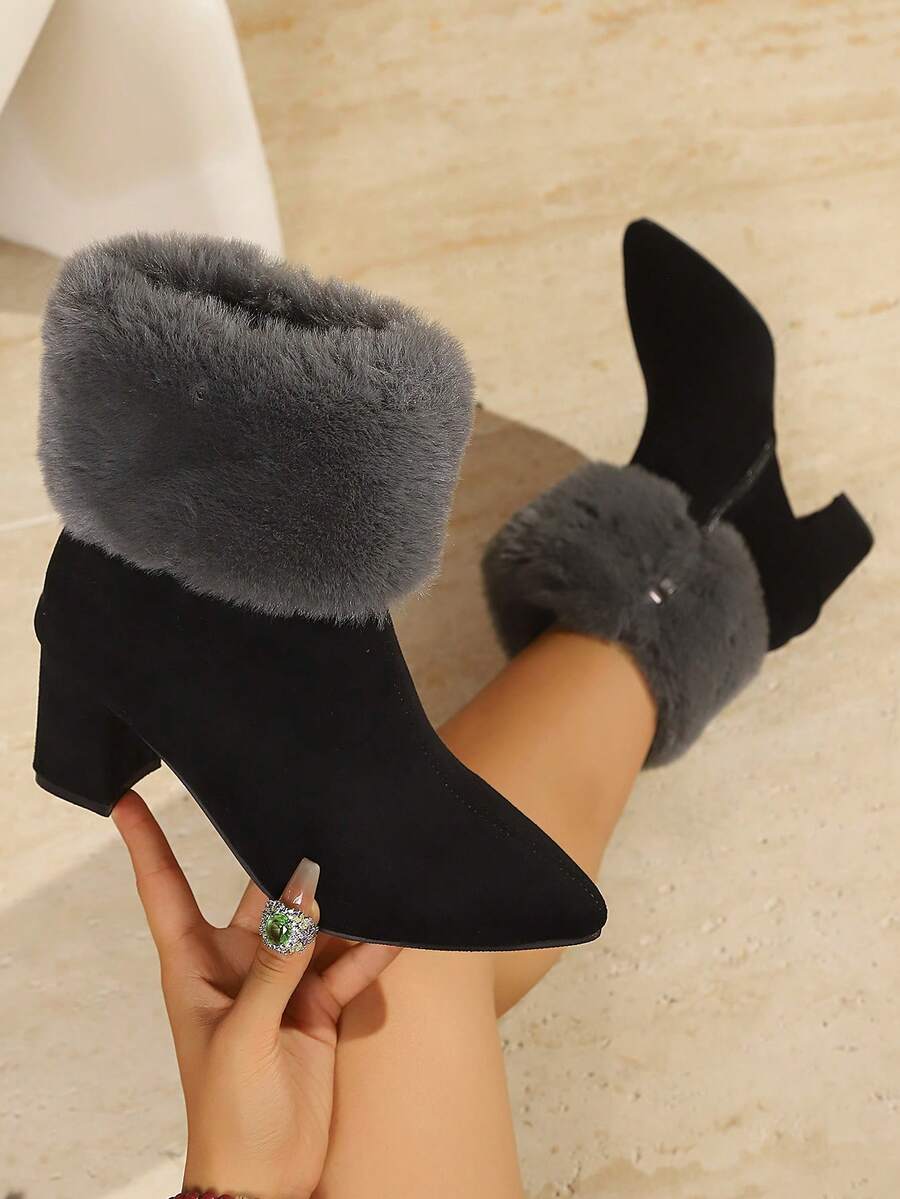 New Women's Versatile Fuzzy Side Zipper Chunky Heel High Heel Ankle Boots Autumn Winter Pointed Toe Fashion All-Match Style Faux Fur Home Wear