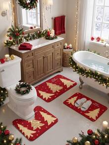 Bộ thảm phòng tắm 1 món/3 món họa tiết cây thông Noel màu vàng series Giáng Sinh, chất liệu nhung, thảm trải sàn trang trí cho nhà bếp, phòng tắm, phòng ngủ, có thể giặt được, trang trí Noel, gồm thảm tắm, thảm ôm bồn cầu chữ U và thảm bồn rửa mặt - A - Xem 9