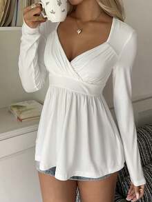 Women's White Y2K Long Sleeve T-Shirt With Ruched Design, Suitable For Back To School Streetwear, Commuting And Casual Home Wear, Autumn - White - View 2