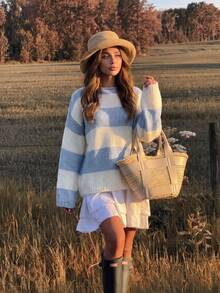 Fall Wide Striped Drop Shoulder Colorblock Crew Neck Coastal Cowgirl Boho Knit Sweater - Baby Blue - View 4