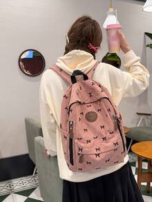 Women Sweet Bow Print Corduroy Backpack, Pink Quilted Diamond Pattern Large Daypack Multi‑Zipper Pockets Casual Rucksack For Teen Girls School - Multicolor - View 9
