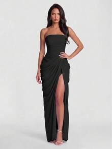 Asymmetric Ruched Strapless Sexy High Slit French Romantic Wedding Party Dress - Black - View 2