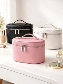 Travel Makeup Bag PU Leather Cosmetic Storage Bag With Handle, Large Capacity Toiletry Organizer, Skincare And Beauty Essentials, Travel Necessities - Multicolor - View 2