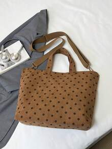 New Women's Tote Bag, Ribbed Material, Polka Dot Pattern, Detachable Shoulder Strap, Multiple Carrying Ways (Shoulder, Crossbody, Handheld), Large Capacity Interior With Two Pockets - Brown - View 8