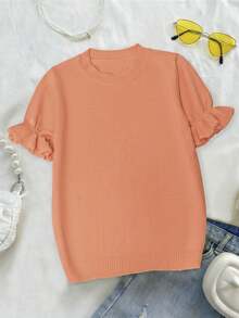 Women's Casual Solid Color Round Neck Frill Trim Ruched Short Sleeve Loose Wool Blend T-Shirt Top, Spring/Autumn Summer - Coral Orange - View 10