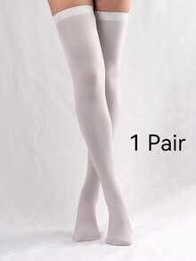 1/2/5 Pairs Women's 80D Velvet Solid Color Over-The-Knee Stockings - White - View 8