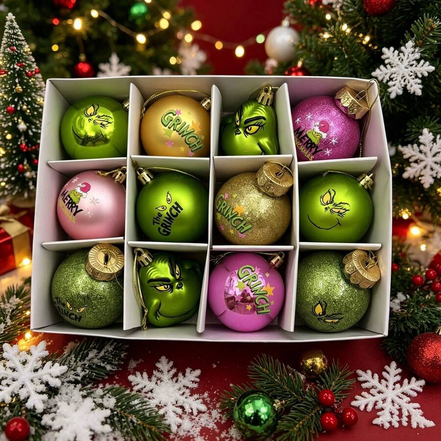 The Grinch 12PCS/Set -Style Christmas Ball Ornaments, Fall Alt Green Monster Decorative Balls, Halloween & Christmas Tree Hanging Decorations, Holiday Party Scene Props - Multicolor - View 1