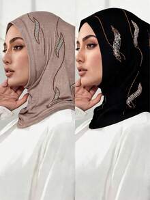 2pcs/Set Women's Fashionable Exquisite Muslim Hijab Headscarf, Silky Cotton Super Soft Fabric, Rhinestone Craft, Middle Eastern Home Fashion Headscarf - 2-pack Mercerized Cotton Rhinestone Headband, Multi-color - View 12