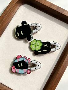 5pcs Lucky Black Cat Office Worker Hair Clips, Sweet Girl Bangs Side Hair Clips, Cartoon Versatile Oval Hair Accessories - Multicolor - View 3