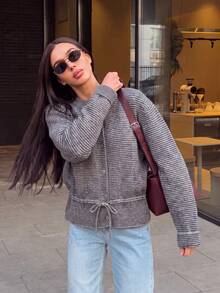 Women's Casual Front Button Knit Cardigan, Striped Crew Neck Drawstring Sweater, Suitable For Autumn/Winter Halloween Thanksgiving Christmas - Dark Grey - View 2
