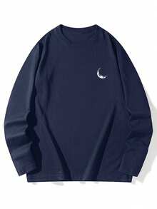Women's Fashion Autumn/Winter Loose Minimalist Versatile Moon Print Long Sleeve T-Shirt - Navy Blue - View 5