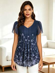 CheersLife Blus Kasual Wanita Lengan Pendek Leher V dengan Lapisan Ganda Jala untuk Liburan Musim Panas - Navy Blue - View 1