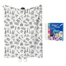 100x140cm/DIY Interactive Handmade Creative Painting DIY Doodle Blanket Black And White Hand-Drawn Coloring Sofa Nap Throw Blanket - Multicolor - View 14