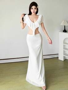 Top Dazzle Elegant White Crop Top For Women, Featuring A Deep V Neck, Ruffled Asymmetrical Details, And Semi-Sheer Knitted Fabric - White - View 3