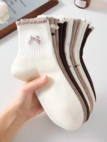 4 Pairs Women's Cute Sweet Breathable Bowknot Heart Polka Dot Cartoon Pattern Short Invisible Boat Socks, Ankle Socks, Ruffle Socks, White Socks, Sports Socks, Student Socks, Maillard Style, Suitable For Daily Casual Wear, Random Color, Suitable For Spring Summer Autumn Winter All Seasons - Multicolor - View 3
