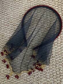 1pc New Black Tulle Headband, Burgundy Crystal Tassel Trim Tulle Headpiece, Face-Covering Triangle Headscarf Hair Accessory - Black Mesh - View 5