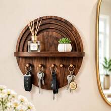 Round Wooden Key Holder Shelf, Nordic Style Entryway Storage Rack With Hooks, Bedroom Kitchen Bathroom Universal Room Decor, Multi-Functional Wall-Mounted Storage Rack, Minimalist Home Wall Decoration - View 6