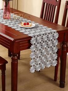 HXARTMIS 1PC Gray Daisy Hollow Crochet Lace Table Runner, Sheer Floral Mesh Tablecloth, Long Vanity Tablecloth, Suitable For Dining Table, Wedding, Tea Party, Kitchen And Home Decor - Grey - View 2