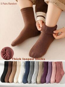 5 Pairs Girls Random Terry Socks, Children & Toddler Mid-Calf Socks, Pink, Purple, White, Solid Color, Autumn & Winter, Soft & Warm, Thick, Simple, Cute, Fashionable, Versatile, Suitable For Daily Wear - Multicolor - View 10