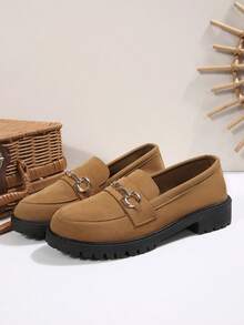 Preppy College Style Pure Metal Buckle Thick Sole Loafers Office Home Autumn Winter Shoes - Brown - View 4