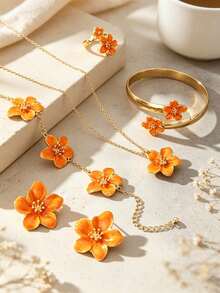 A Set Of French Retro Fashion Orange Drip Oil Flower Jewelry Set, Light Luxury Flower Accessories - Flowers - View 2